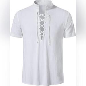 NWT LUYANA Men's Linen Traditional Retro Lace-Up Short Sleeve Shirt, XL
